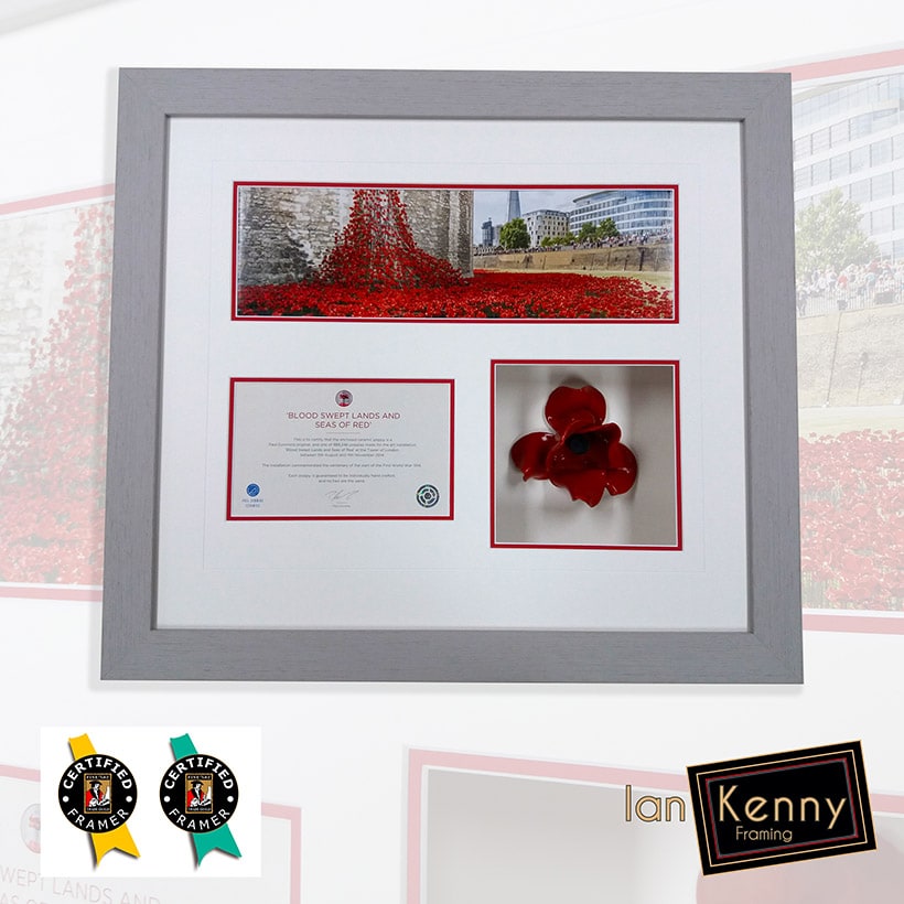 A ceramic Rememberance Day Poppy with certificate and photograph